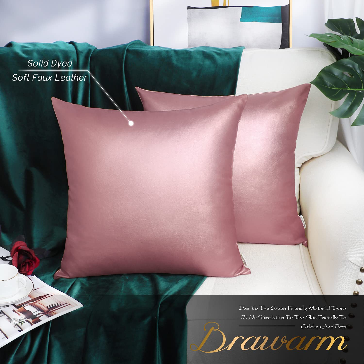 Brawarm Faux Leather Throw Pillow Covers 16 X 16 Inches - Rose Gold Leather Pilow Covers Pack Of 2, Solid Dyed Leather Pillowcas